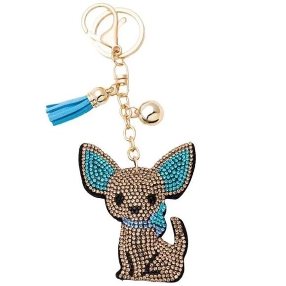 Bling Rhinestone Chihuahua Puffy Tassel Key Chain Purse Charm - Picture 1 of 1